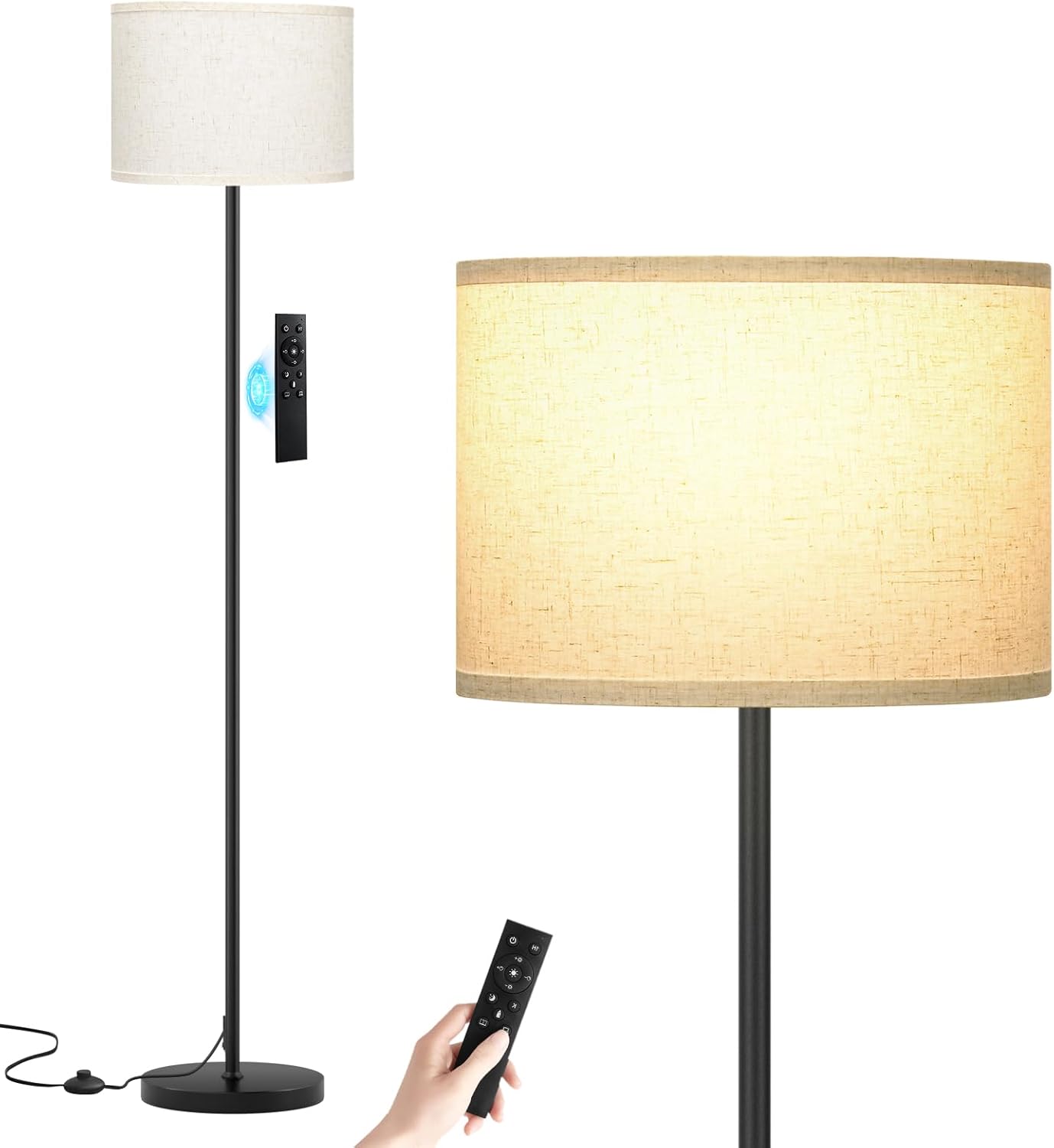Ambimall 60'' Modern Floor Lamp with Remote, Tall Lamps for Living Room, Bedroom, Office, Dining Room, Beige Shade with Black…