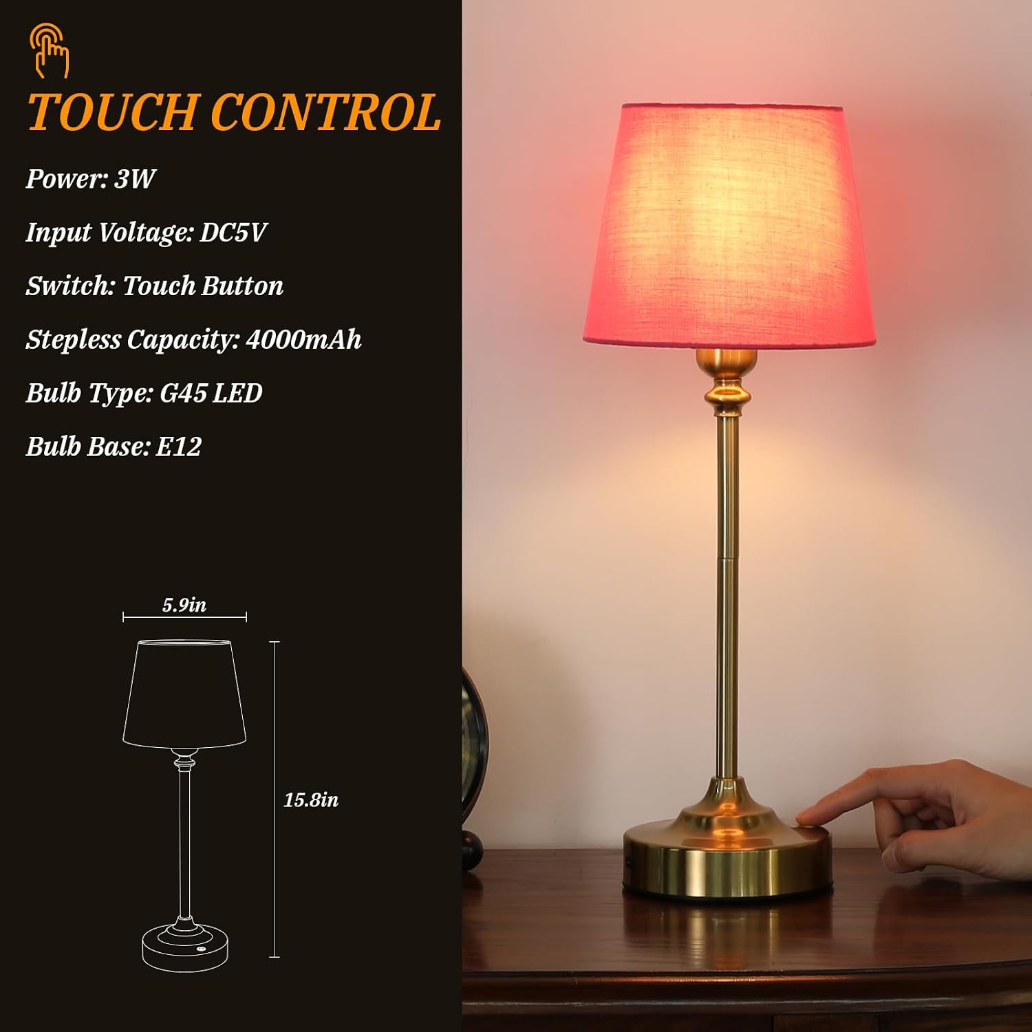 Cordless Table Lamps Rechargeable Set - 2 Pack Brass 4000mAH Battery Operated Lamps for Decor, 3000K Stepless Dimming Touch Control…