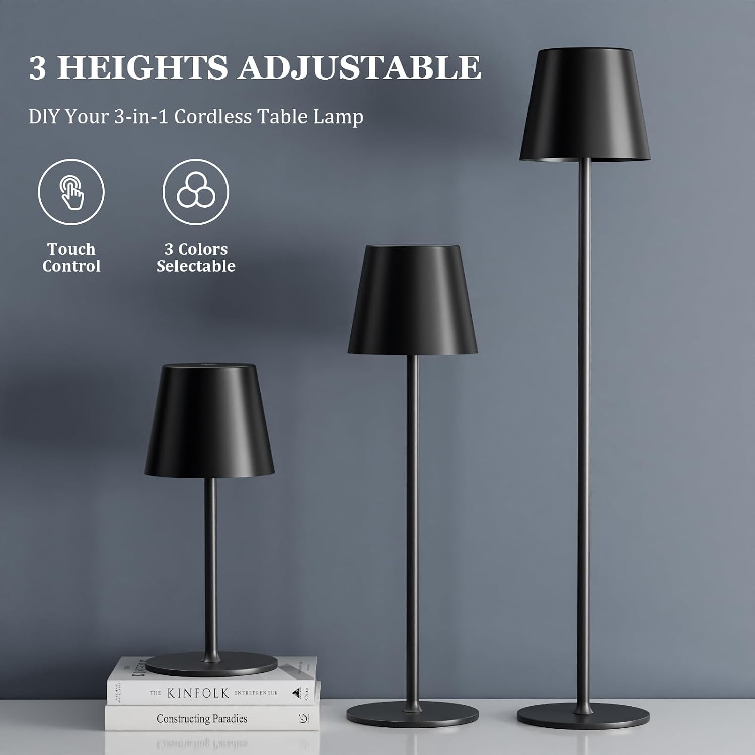 Kakanuo 20" Cordless Table Lamp Rechargeable Black - 2 Pack 5000mAH Battery Operated Lamp for Counter, 3 Color Stepless Dimming Wireless…