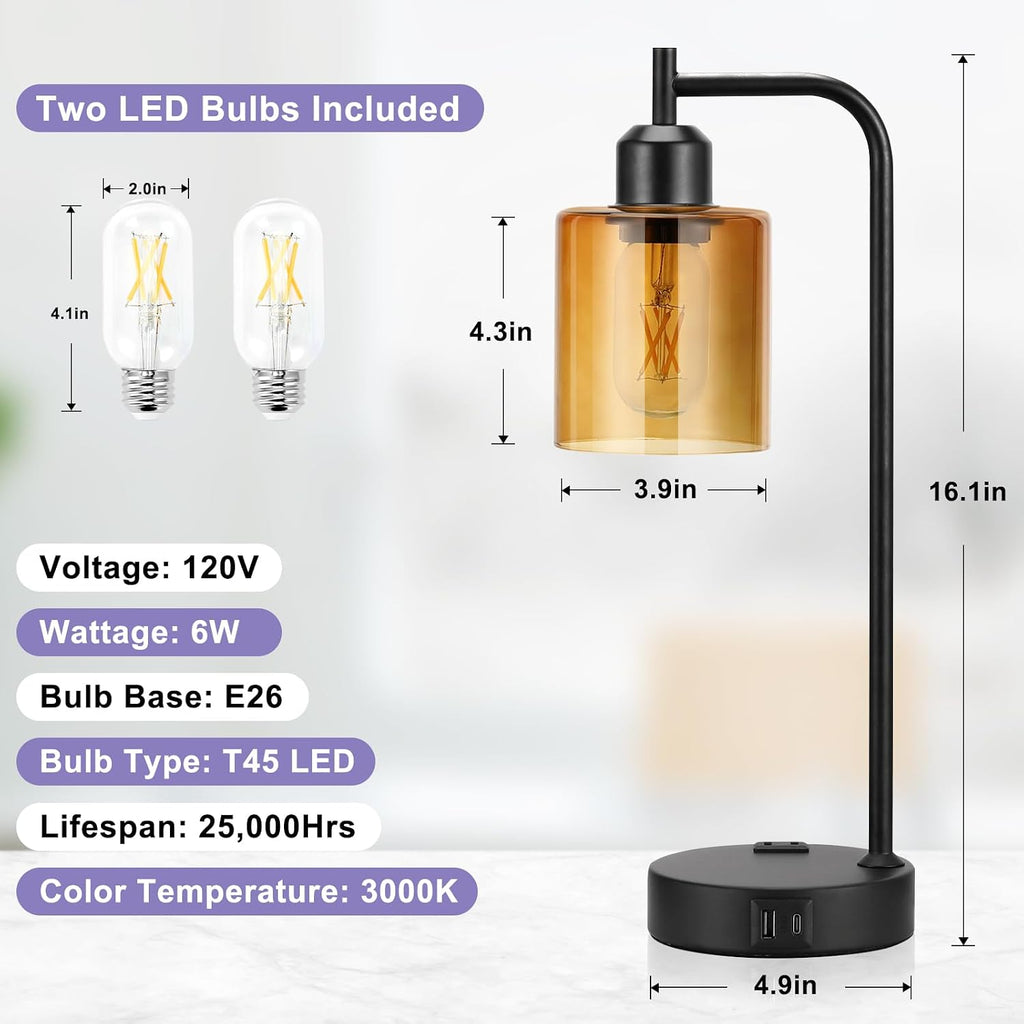 Industrial Touch Nightstand Lamps for Bedrooms Set of 2 - 3-Way Dimmable Table Lamps with USB C+A Ports and Outlet, Bedside Lamps with…