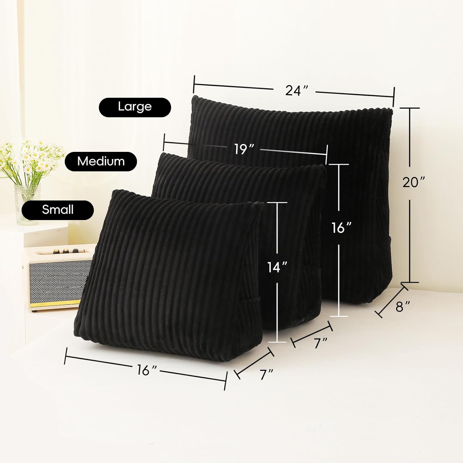 Corduroy Wedge Reading Pillow for Bed, 3 Sizes, 4 Colors for Bed, Sofa, Office Chair (Black, Large 24 * 20 * 8in)