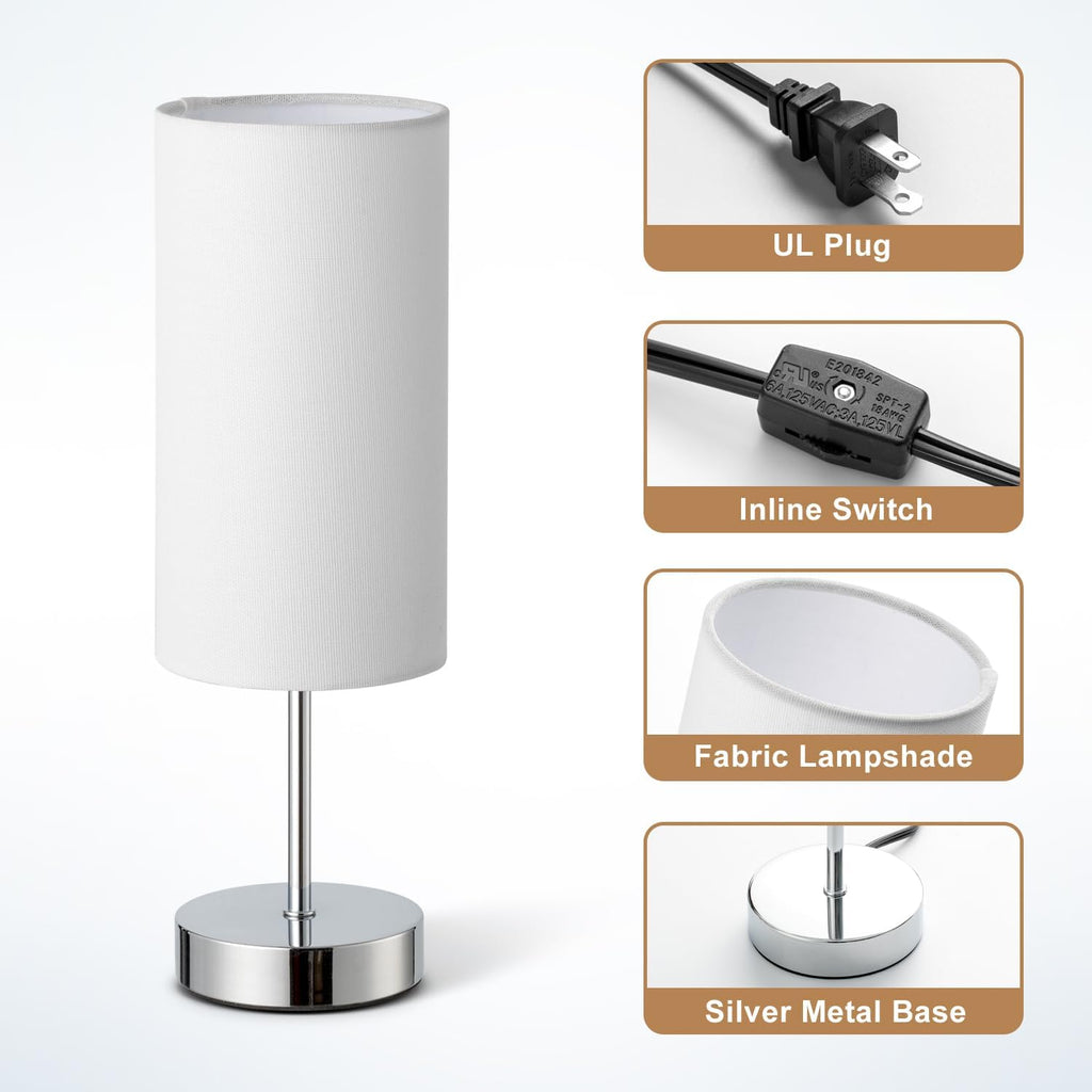 Small Table Lamp for Bedroom Nightstand, Round White Fabric Shade and Silver Metal Base, Modern Minimalist Bedside Lamps for Dresser, End…