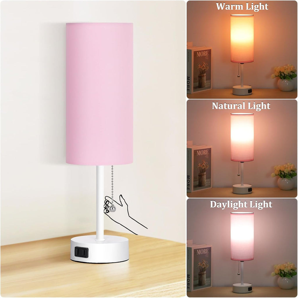 Dott Arts Table Lamp for Bedroom, 3-Color Bedside Lamps with Pull Chain, Bedroom Table Lamps for Nightstand, AC Outlet Small Lamp for…