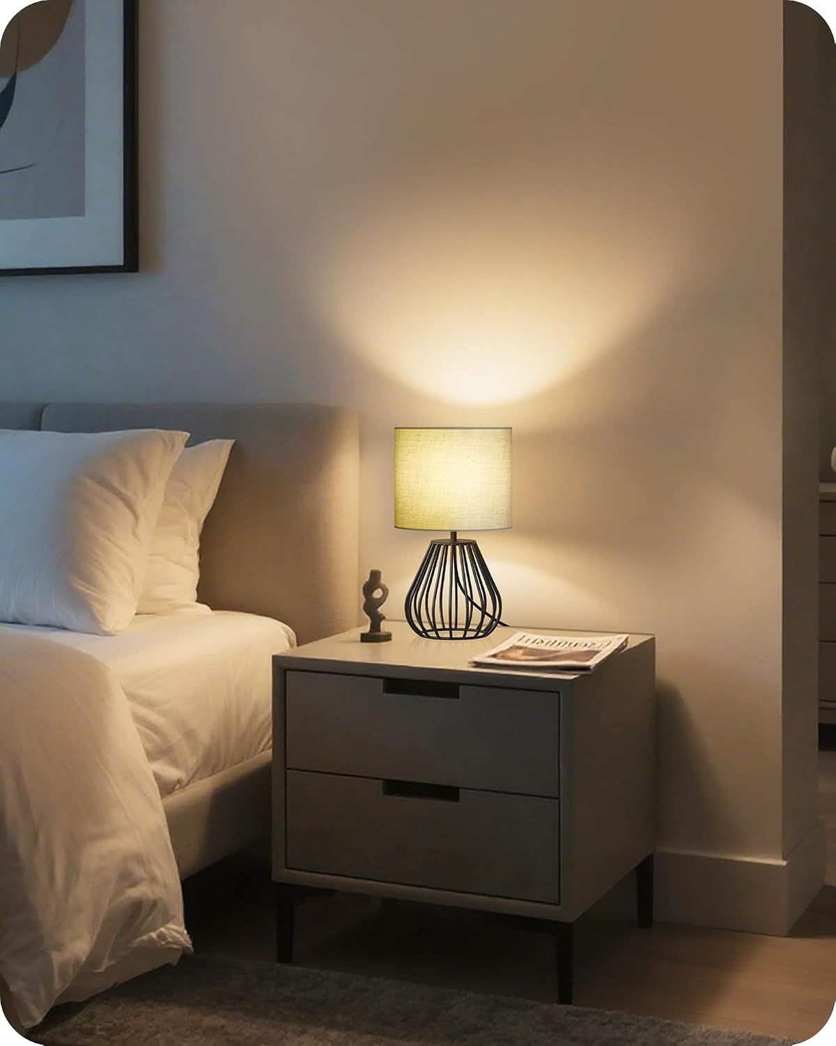 Green Table Lamp, Small Bedside Lamp with Green Linen Shade & Black Metal Base, 2700K LED Bulb Included, Modern Nightstand Lamp for…