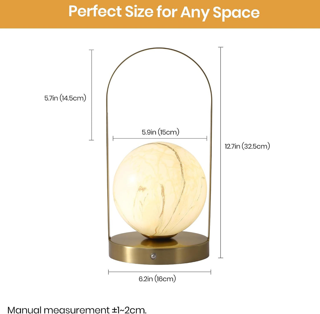 Portable Rechargeable Table Lamp with Marble Pattern Glass Shade – Gold Plated Metal Frame, Cordless LED Desk Light for Bedroom, Nursery…