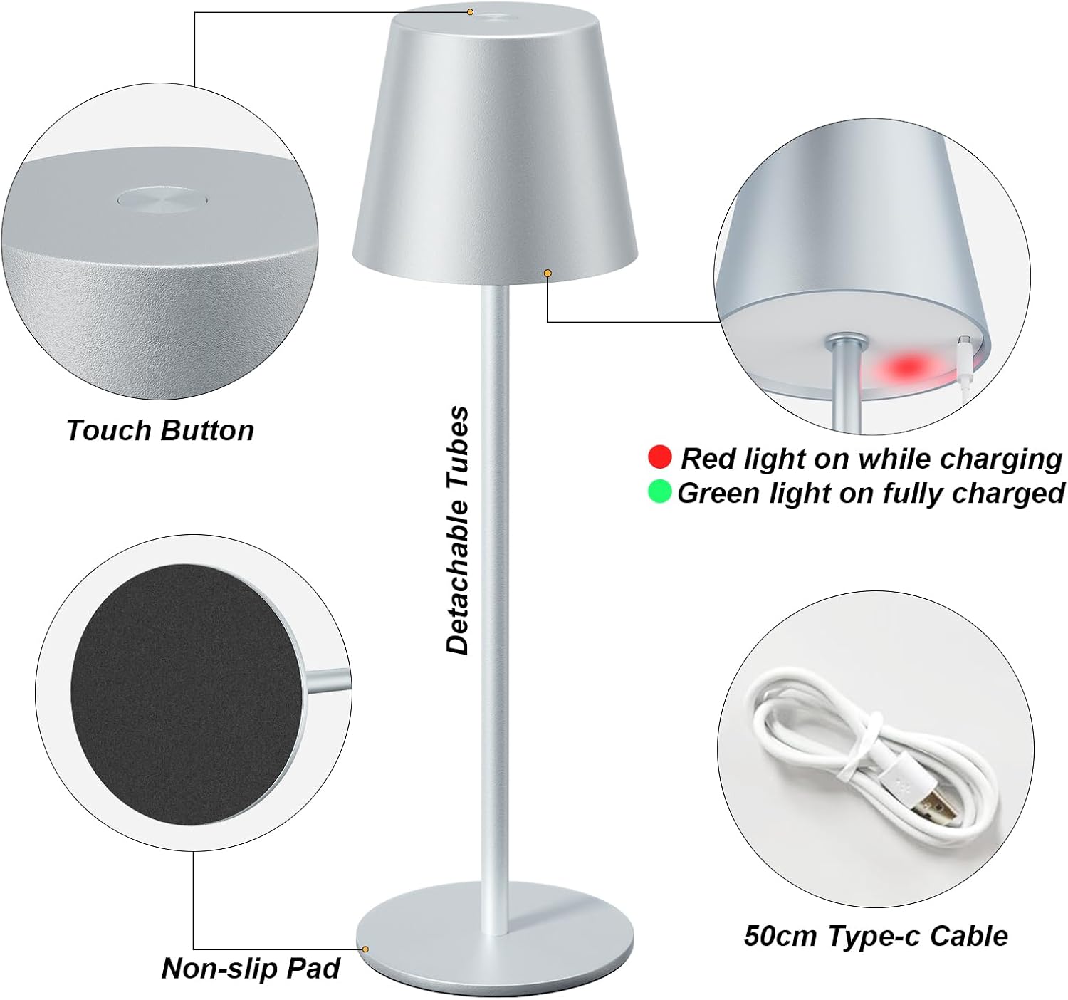 Kakanuo Silver Grey Cordless Lamp Rechargeable - 2 Pack 5000mAH Battery Operated Table Lamp for Counter, 3 Color Stepless Dimming…