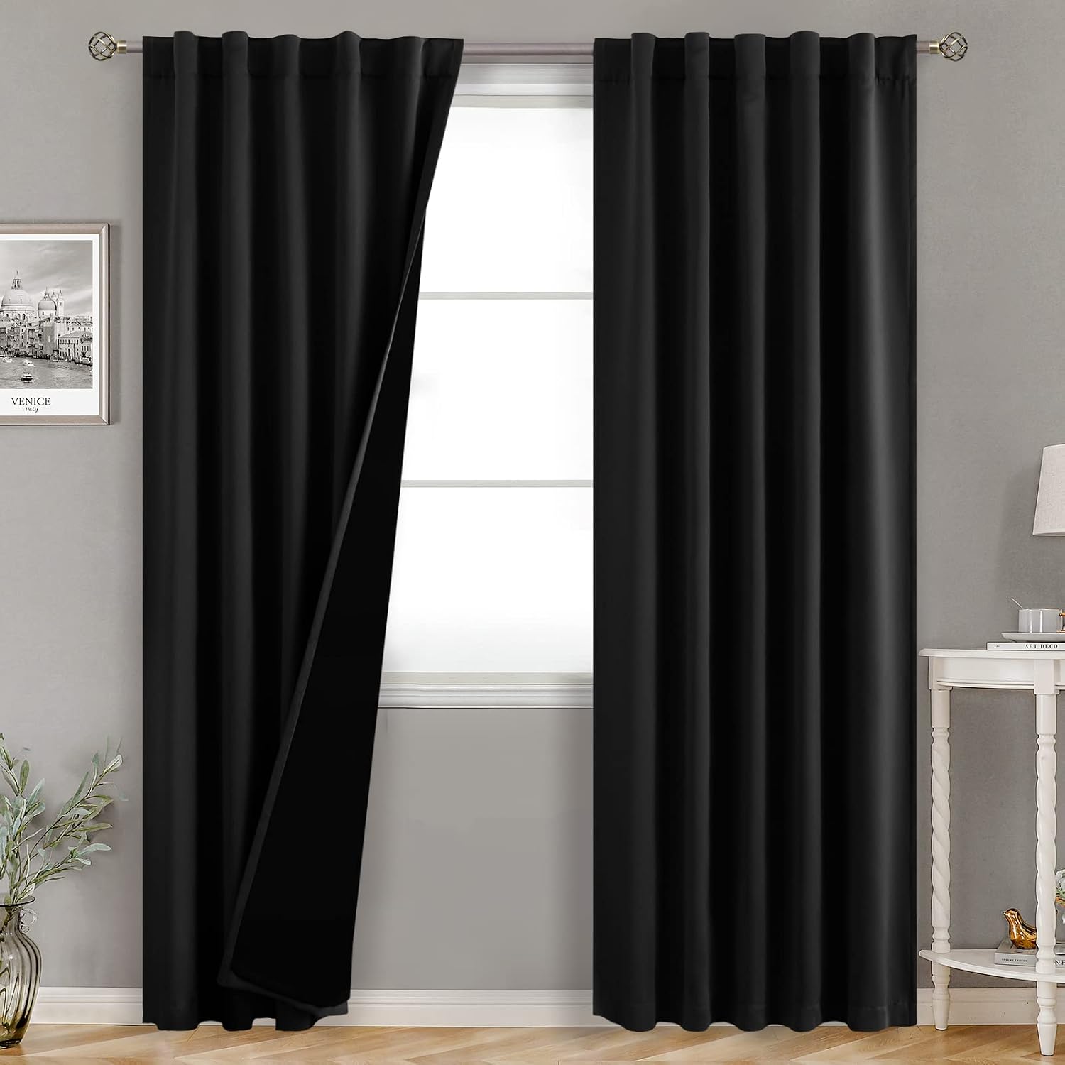 BGment Black Full Blackout Curtains with Thermal Insulation Liner Curtains 84 Inches Long, Rod Pocket and Back Tab Double Layer Room…