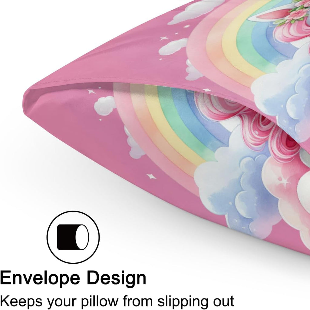 Satin Pillowcase for Hair and Skin Rainbow Pink Aniaml Unicorn Soft Silk Pillow Case with Envelope Closure Cooling Pillow Cases Slip…