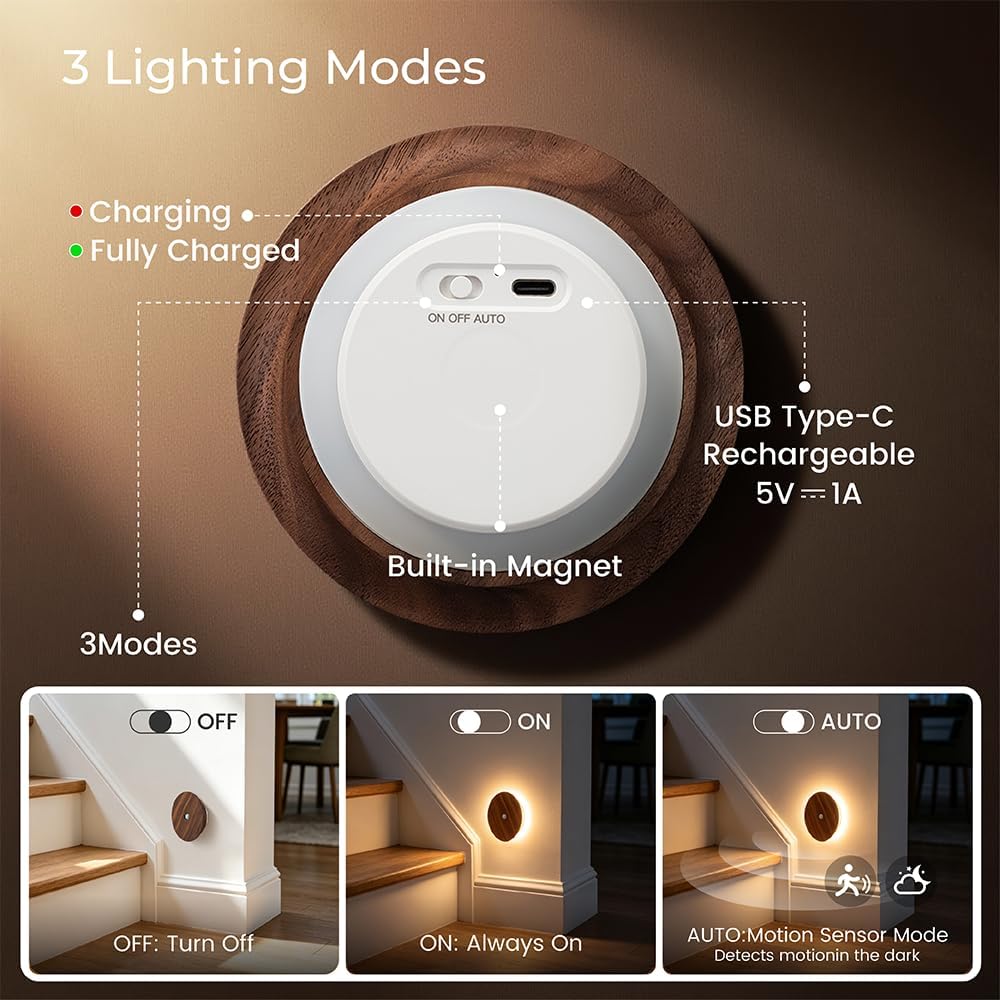 Motion Sensor Night Light Wood Rechargeable Battery-Powered Stick-On Step Lights Magnetic Closet Warm Nightlight for Hallway Bedroom…