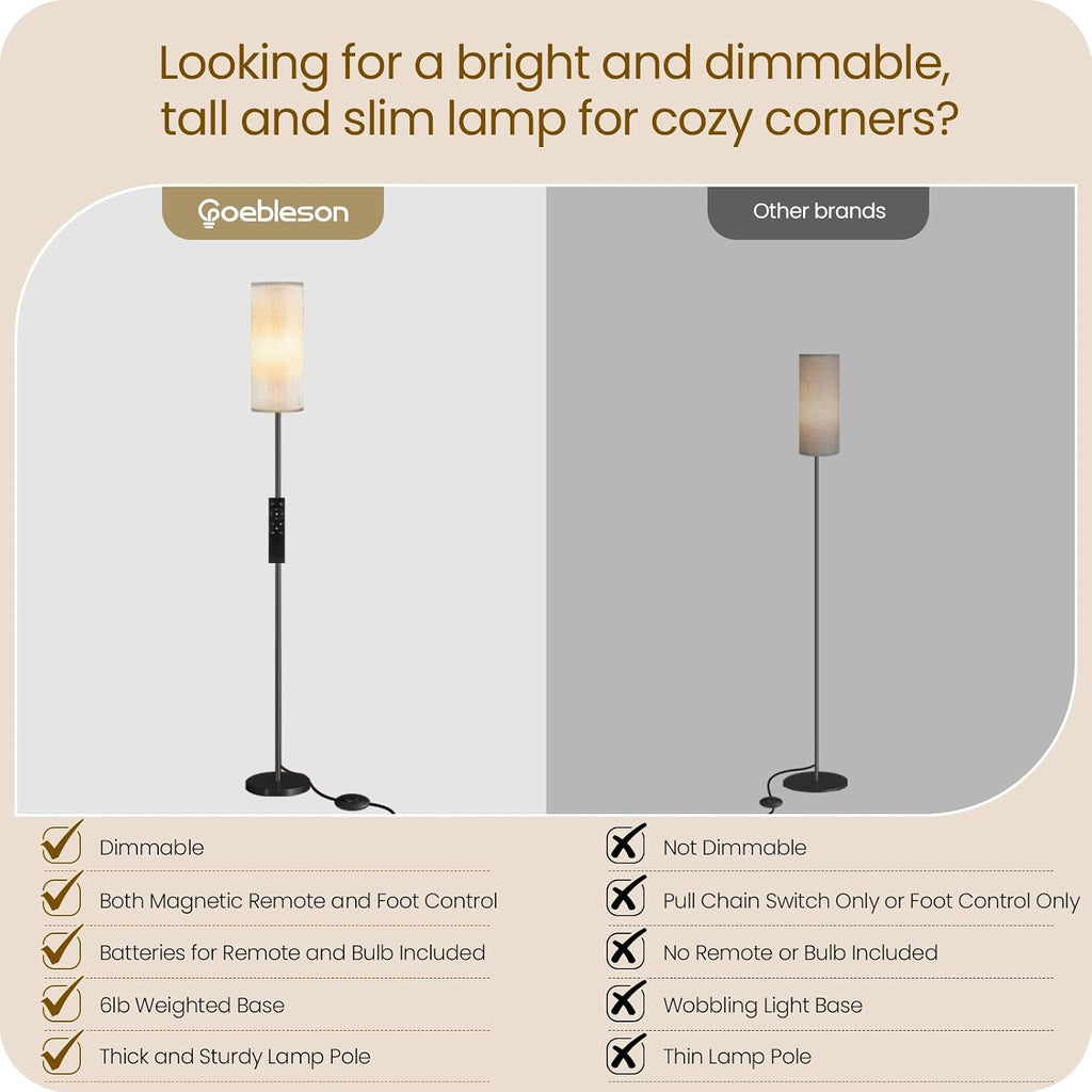 Dimmable Floor Lamp for Living Room with Remote and Foot Switch, Corner Floor Lamp, 64.4" Standing Tall Lamp, 10W 900LM LED Bulb…