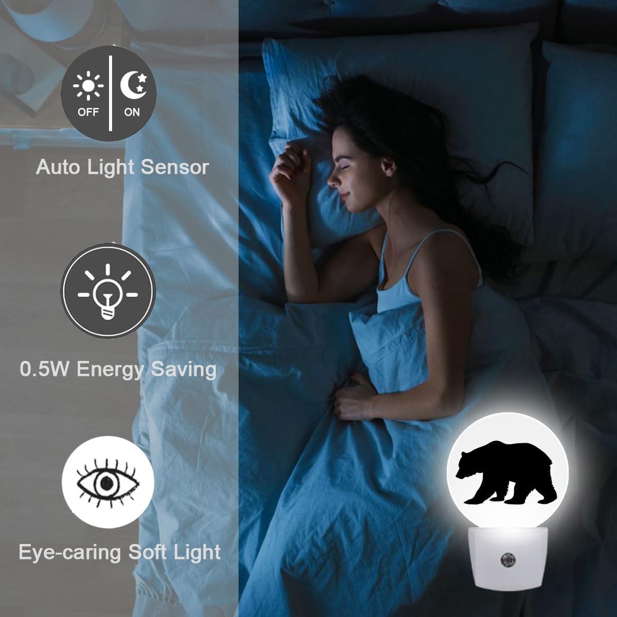 Black Bear Night Light Plug Into Wall Auto Led Sleep Round Lamp for Living Room Hallway Stairs