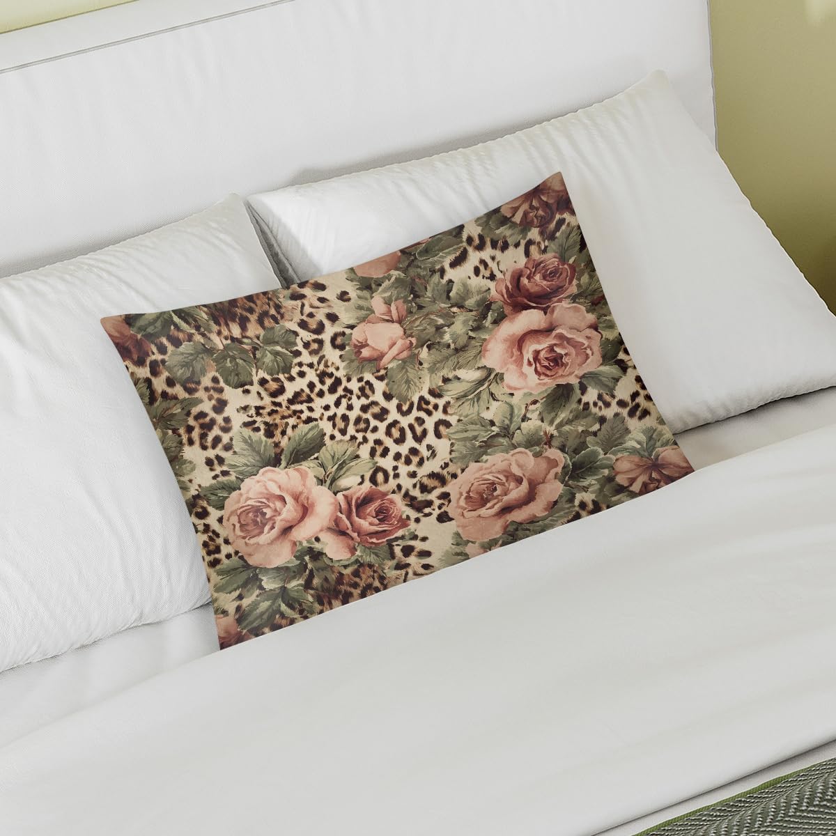 Satin Pillowcase for Hair and Skin, Standard Size Animal Tiger Leopard Print Rose Flower Decorative Pillow Sham with Envelope Closure…