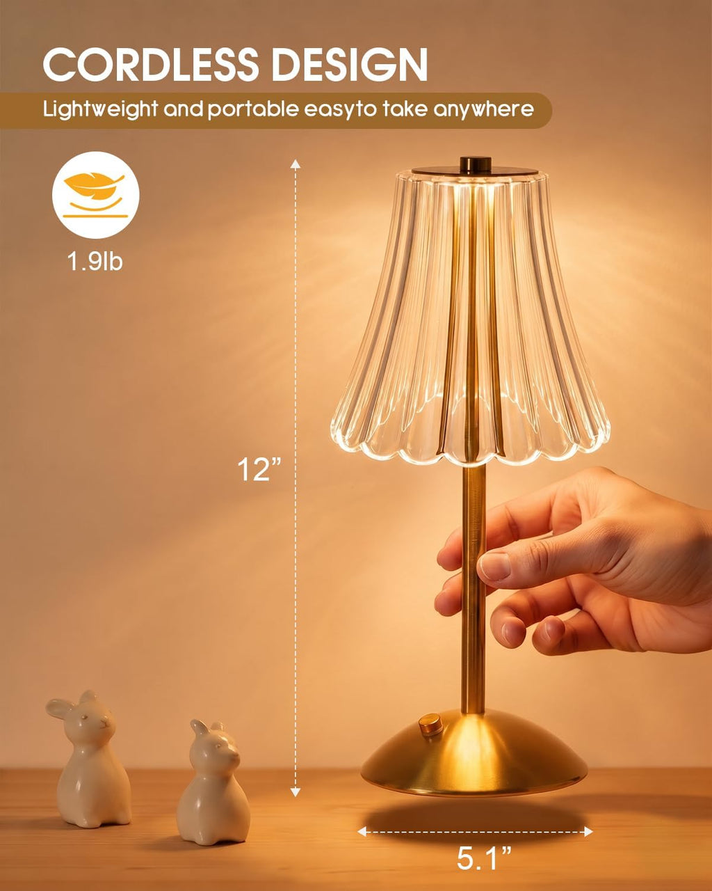 Nusogon Rechargeable Cordless Table Lamp, Touch Control Crystal Desk Lamp with 3500mAh Battery, 3 Color Dimmable LED Small Lamp for…