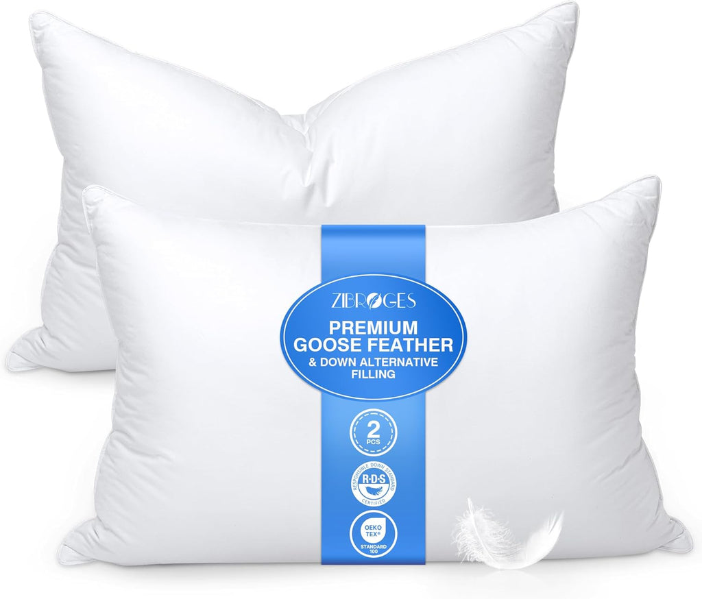 Feather Pillows King Size Set of 2 - Hotel Goose Down Bed Pillow for Sleeping, Soft 600 Thread Count Cotton Cover, Fluffy Support…