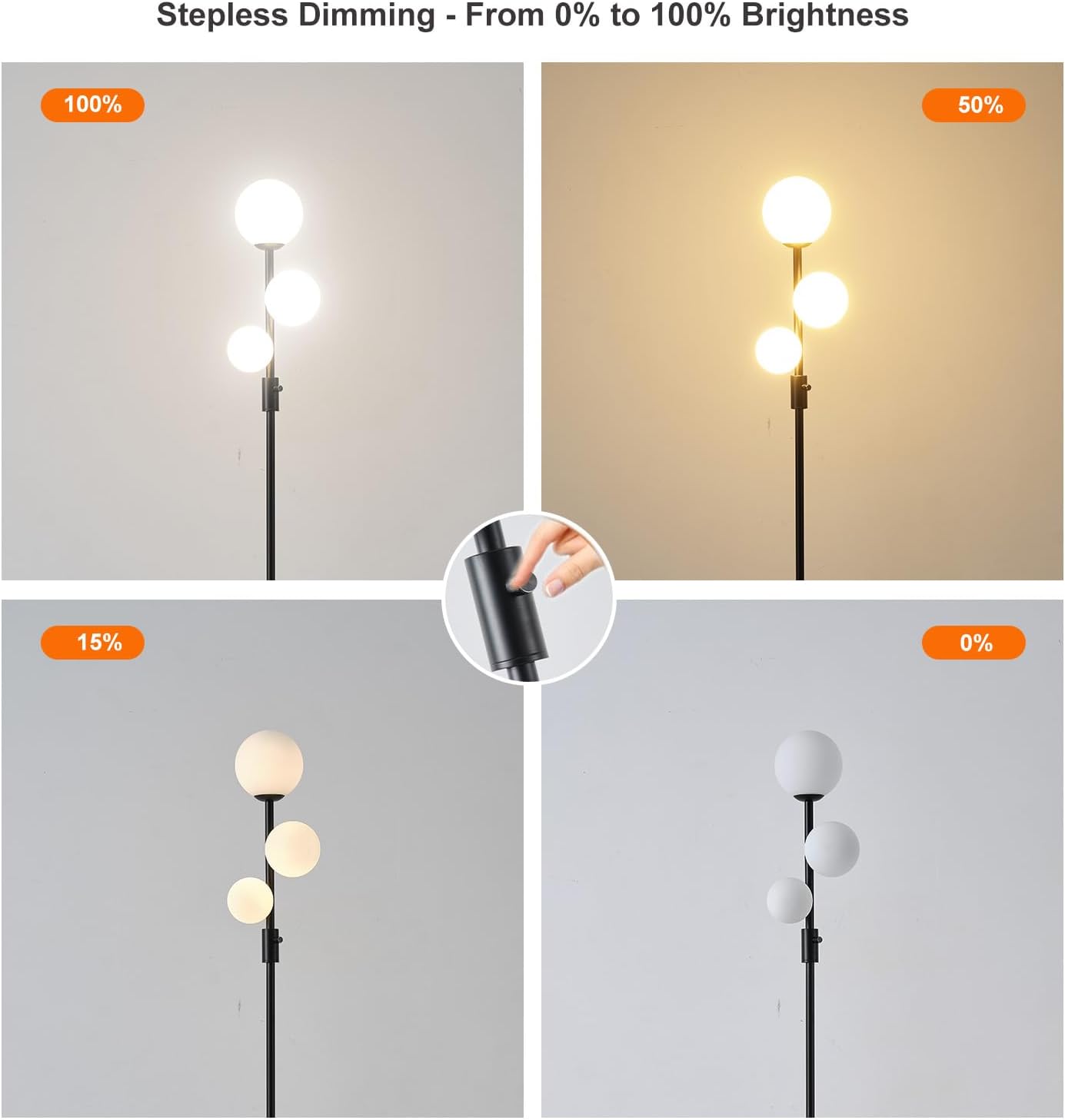 Fiqevs Upgraded Dimmable 3 Globe Mid Century Modern Floor Lamp, 3 x 3000K Warm Light LED Bulbs Included, Matt Black Standing Lamp with…