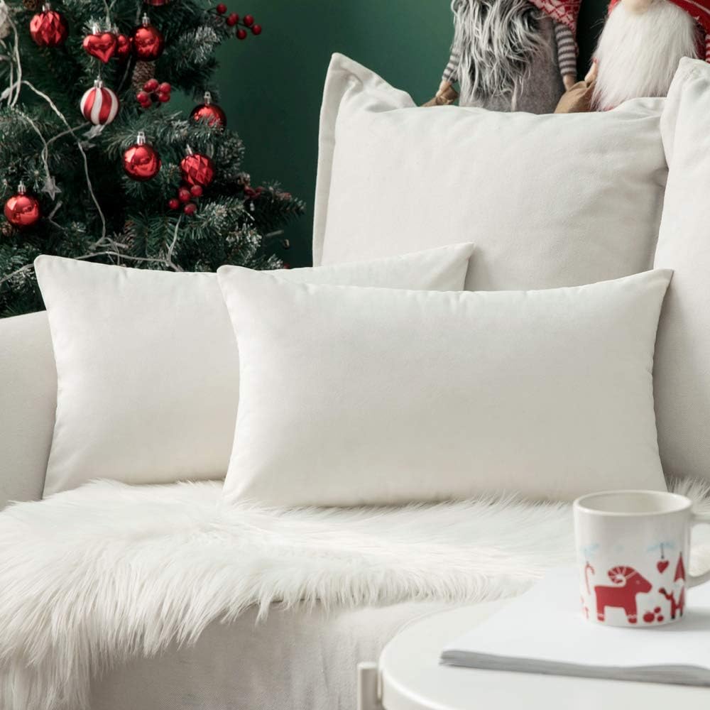 Miulee Velvet Throw Pillow Covers 12x20 Inch, Pack of 2 - Pure White, Soft Solid Lumbar Decorative Pillow Covers Modern Luxury Home Decor f…