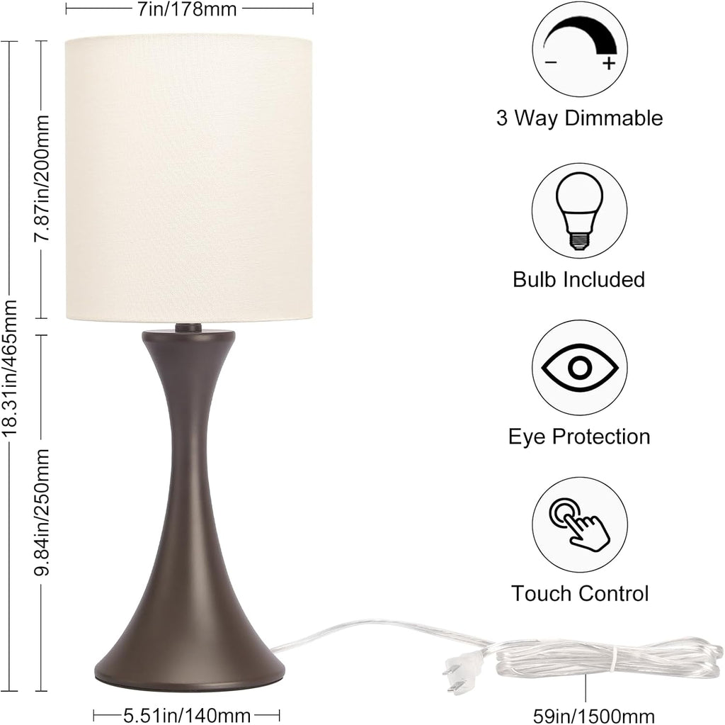 3 Way Touch Control Table Lamp, Modern Bedside Lamp Dimmable Nightstand Lamp with Beige Shade and Dark Brown Base, Small Desk Lamp for…