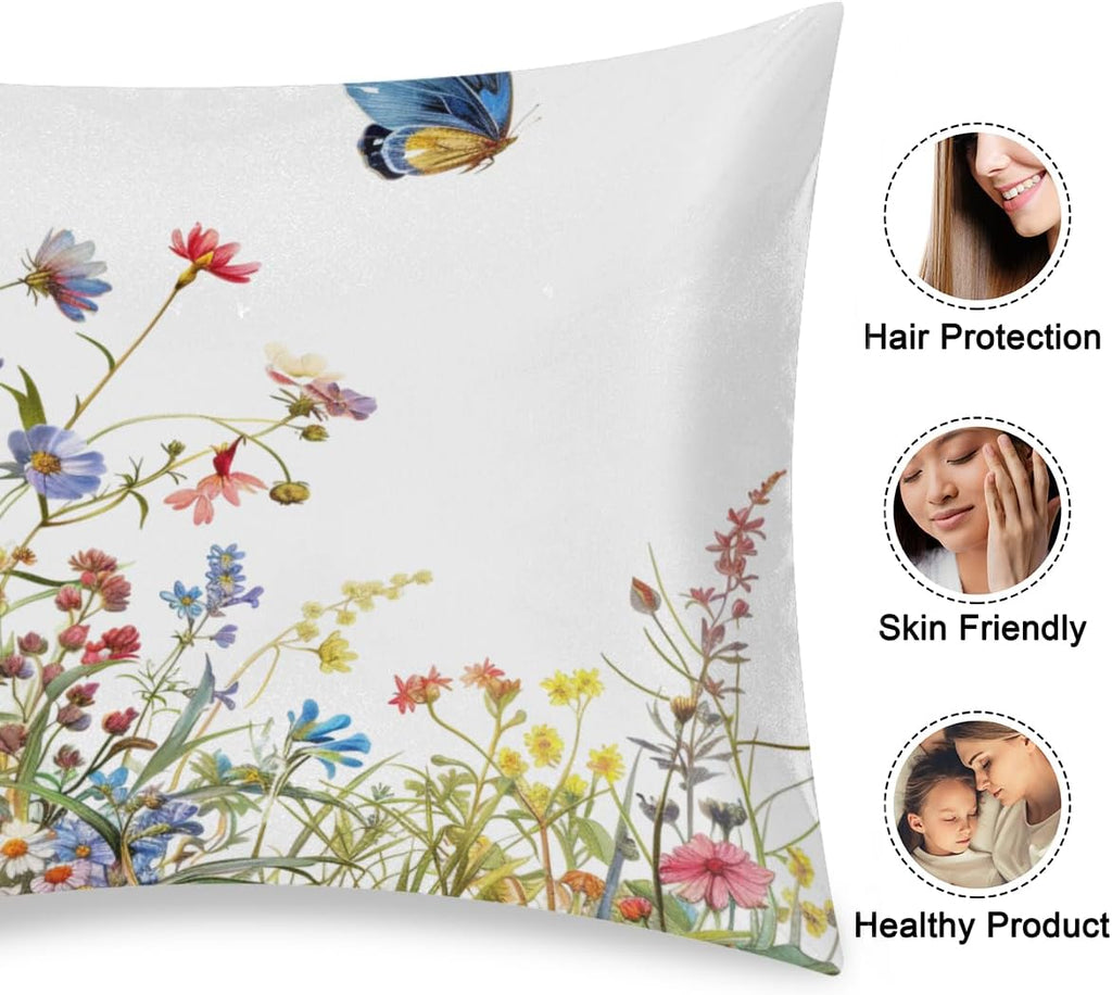 Flower Watercolor Butterfly Satin Silk Pillowcase for Hair and Skin Pillow Cases King Size Soft Silk Pillow Case with Envelope Closure…