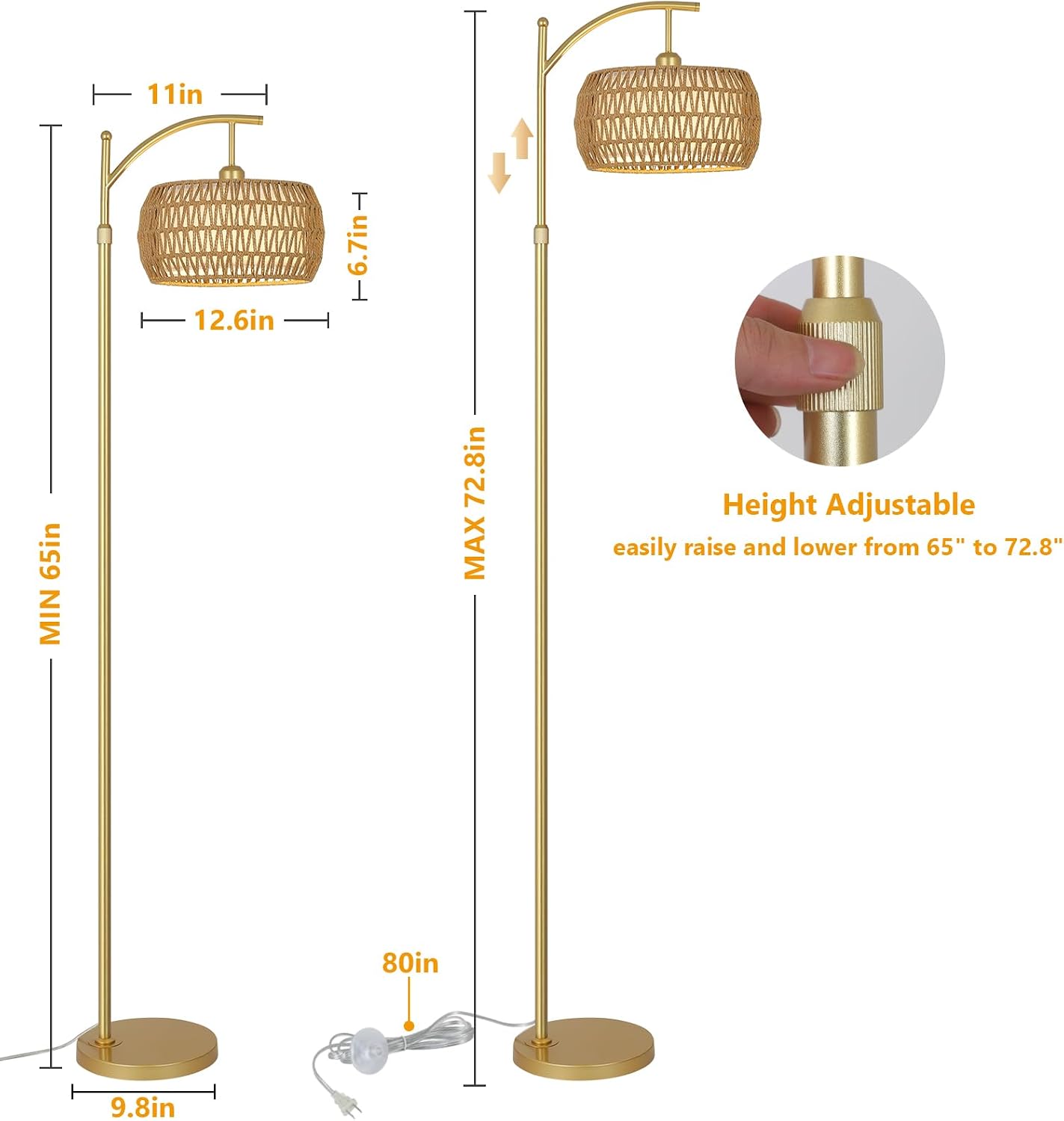 eyassi Arc Floor Lamp with 3 Color Temperatures, LED Gold Floor Lamp with Remote & Stepless Dimmable Bulb, Boho Standing Lamp with Rattan…