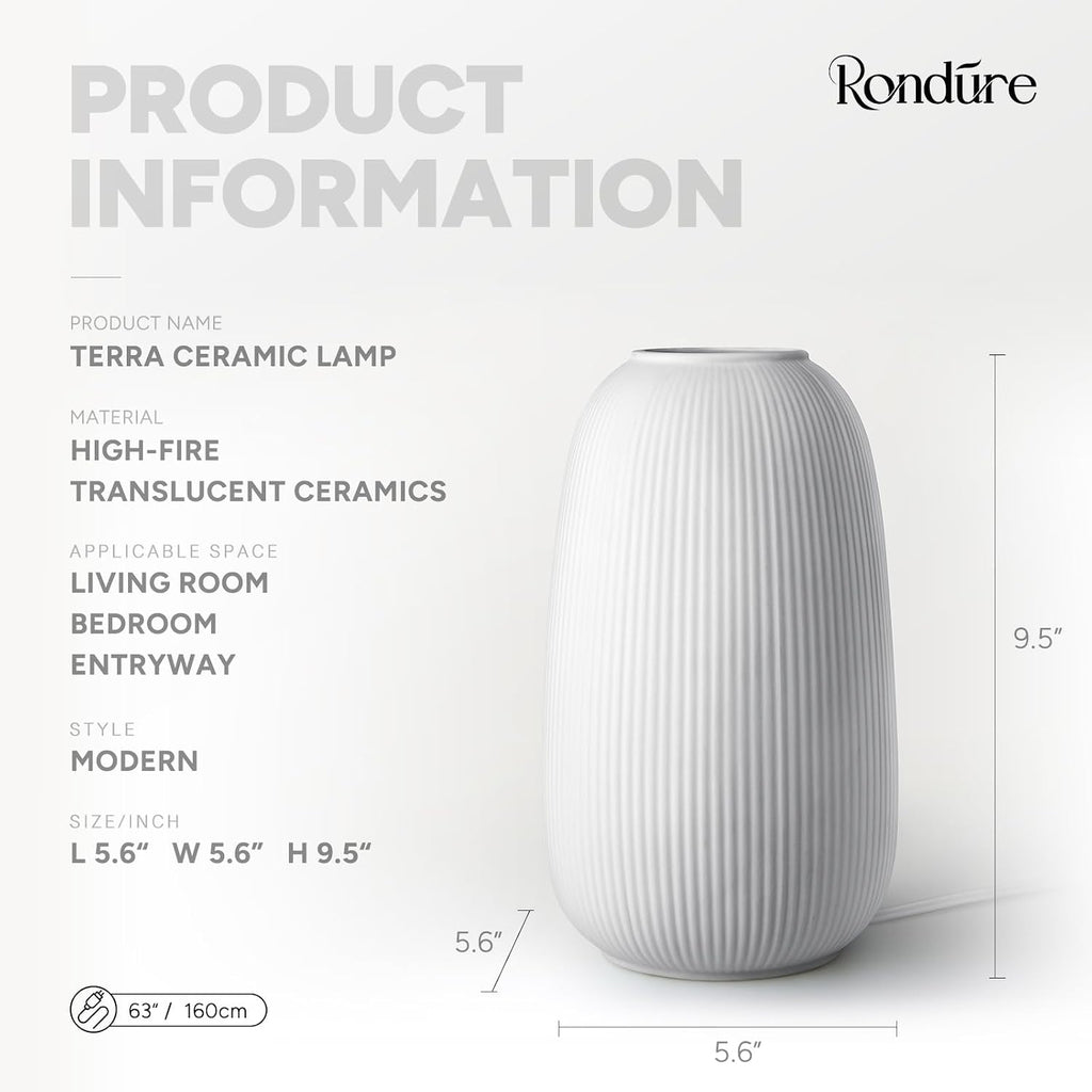 Rondure 9.5" Modern Ceramic Table Lamp, Fully Dimmable Modern Bedside Lamps for Bedroom, Living Room and Nightstand, White Translucent Cera…