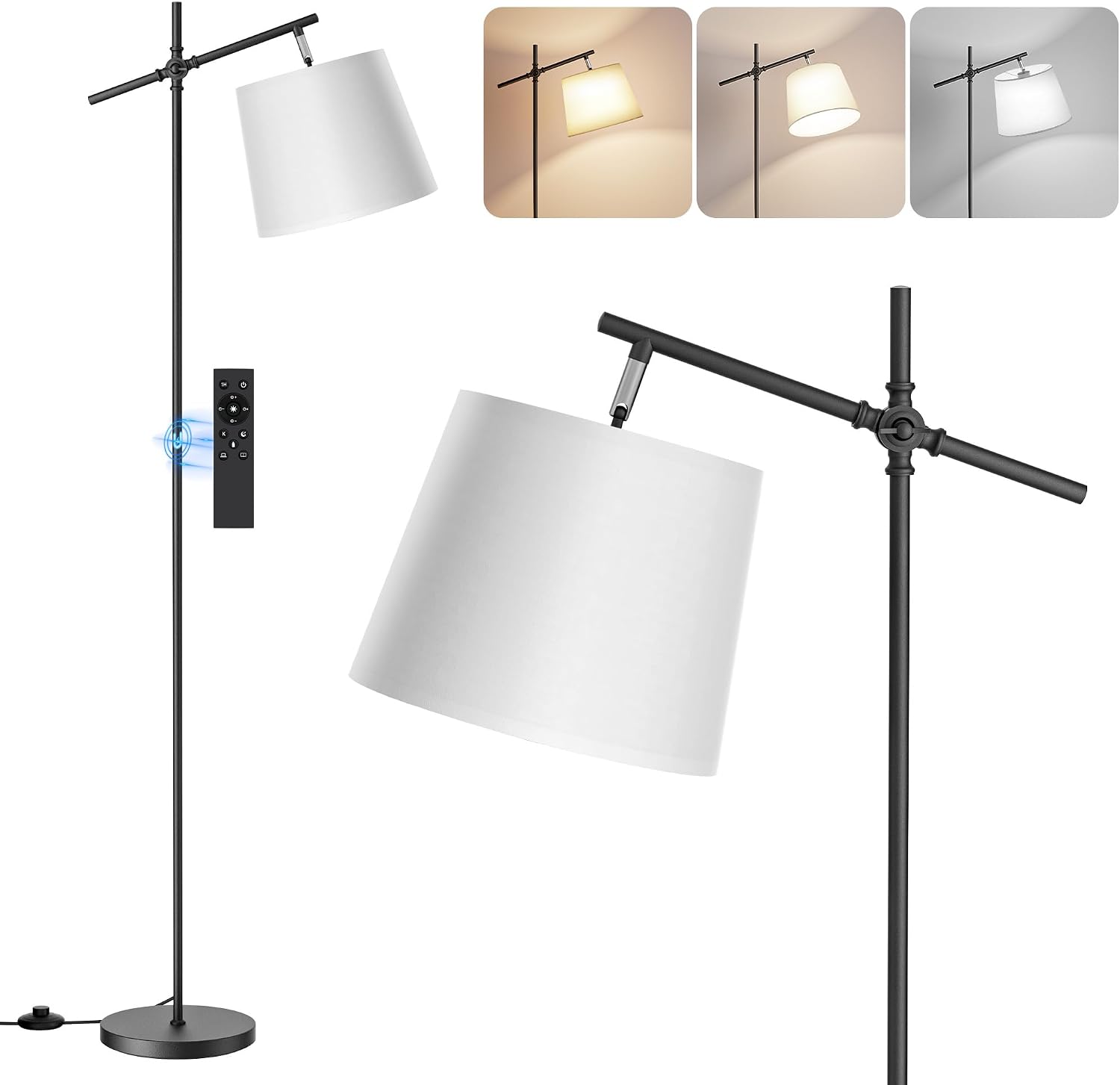 SIBRILLE Floor Lamp with Linen Shade, Dimmable Tall Standing Lamp with Remote Control & 3 Color Temperatures Bulb, Modern Swing Arm Floor…