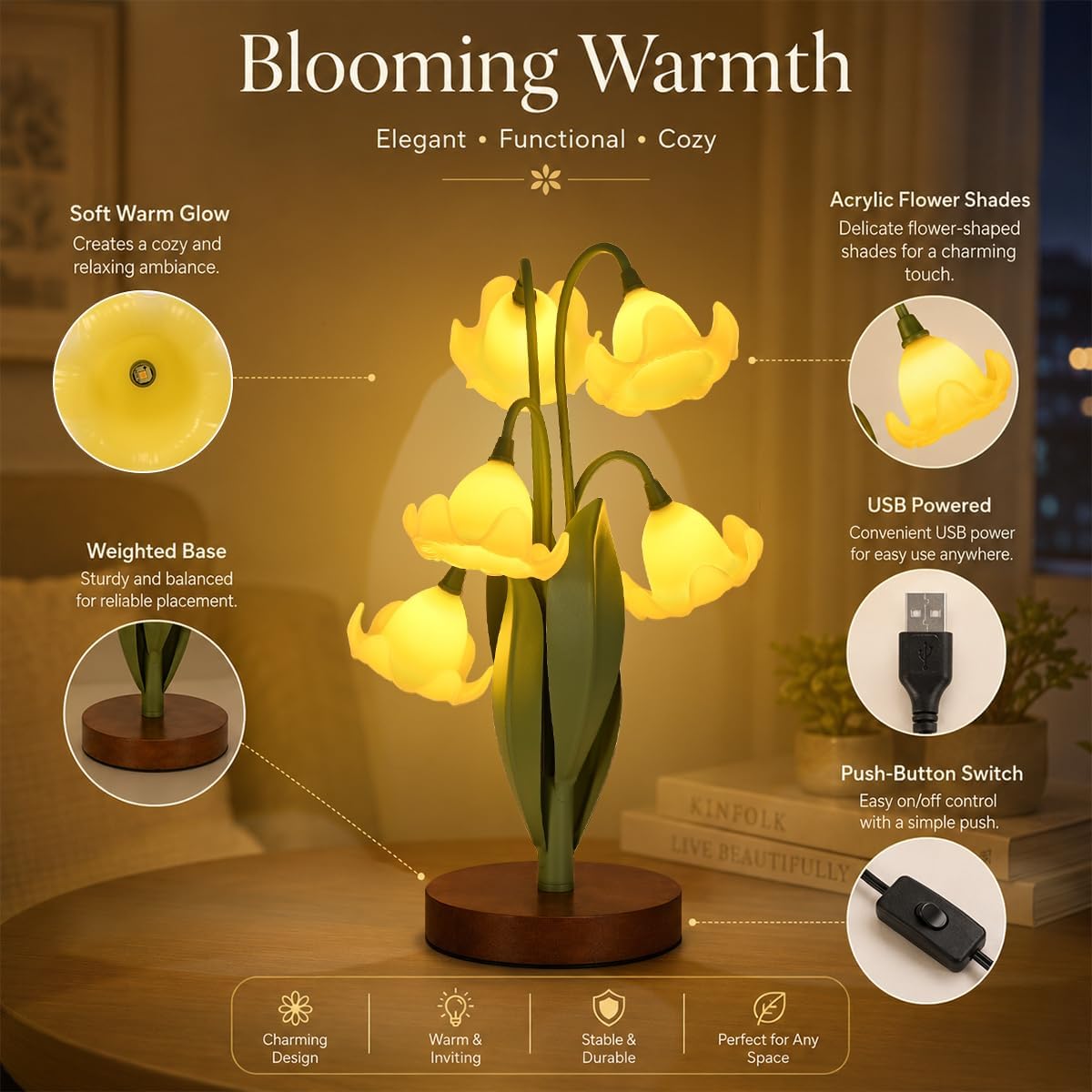 Flower Table Lamp for Bedroom, Cute Reading Light with 5 Yellow Magnolia Flower of The Valley, Desk Lamp Bedside Lamps for Nightstands…