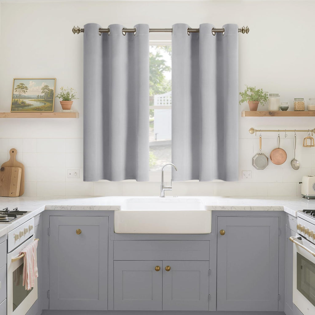 YoungsTex Light Grey Blackout Curtains 45 Inches Long for Kitchen Bedroom Window - Thermal Insulated Short Drapes with Grommet Darkening Pr…