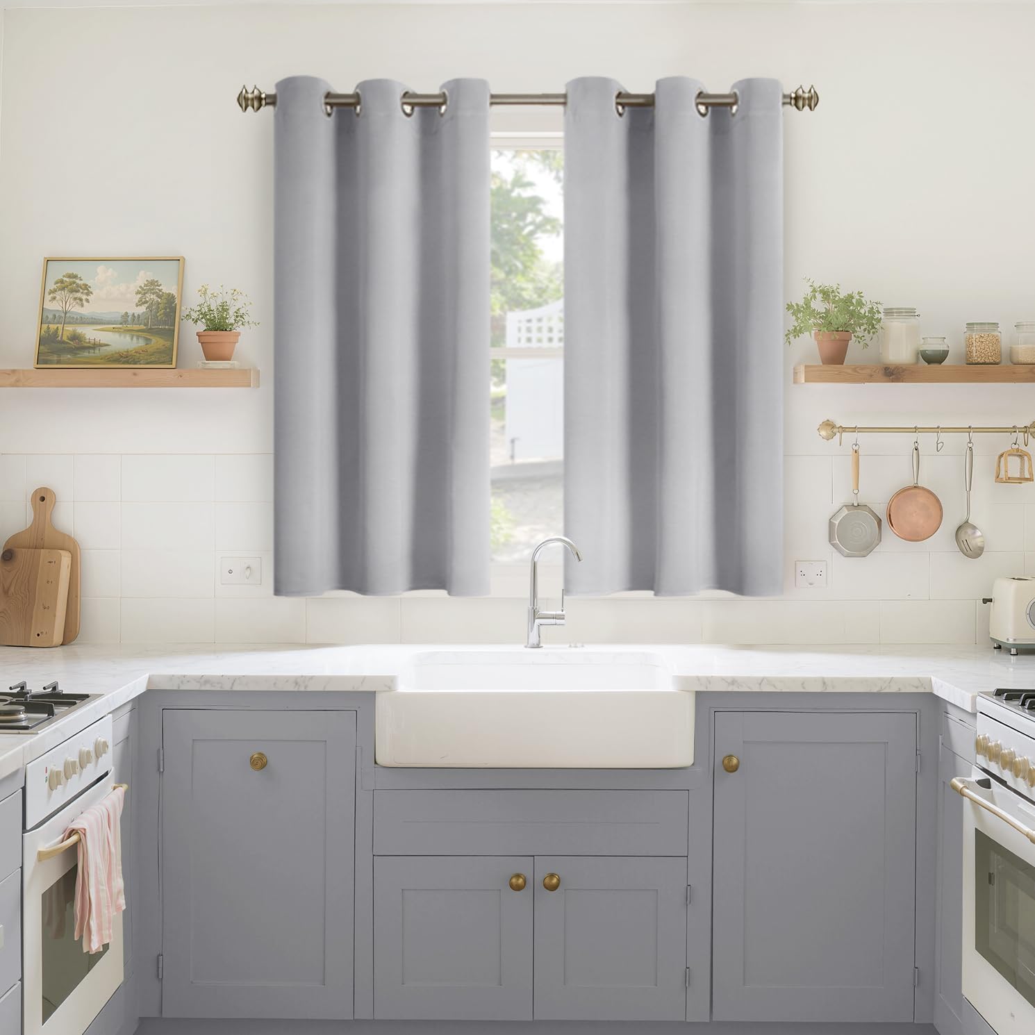 YoungsTex Light Grey Blackout Curtains 45 Inches Long for Kitchen Bedroom Window - Thermal Insulated Short Drapes with Grommet Darkening Pr…