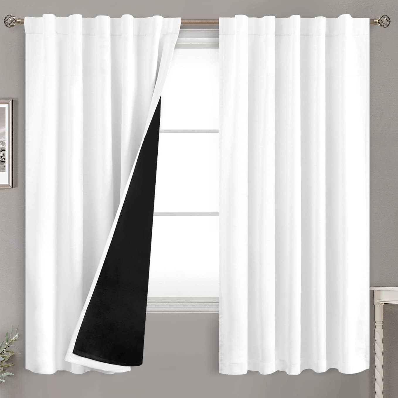 BGment Pure White 100% Blackout Curtains 63 Inches Long with Thermal Insulated Liner, Rod Pocket and Back Tab Double Layer Full Room…
