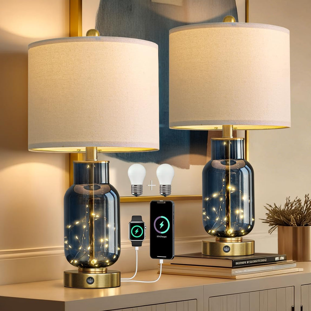 Oneach 22" Glass Table Lamps Set of 2, Blue Modern Bedside Lamp with LED Night Light for Living Room, Nightstand Lamp with USB Ports for Be…