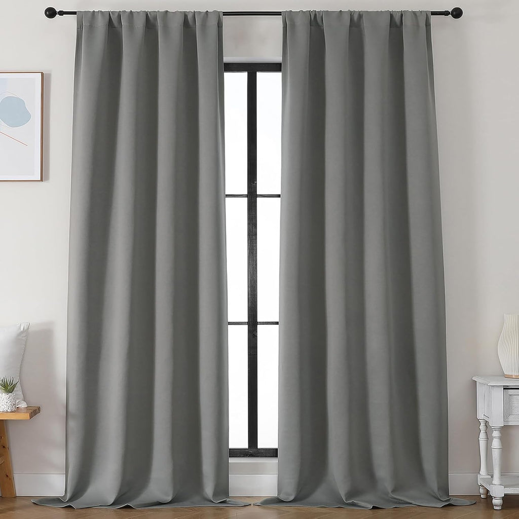 Simplebrand Light Grey Blackout Curtains for Bedroom 96 Inches Long 2 Panels, Solid Thermal Insulated, Energy Saving Living Room Window Tre…