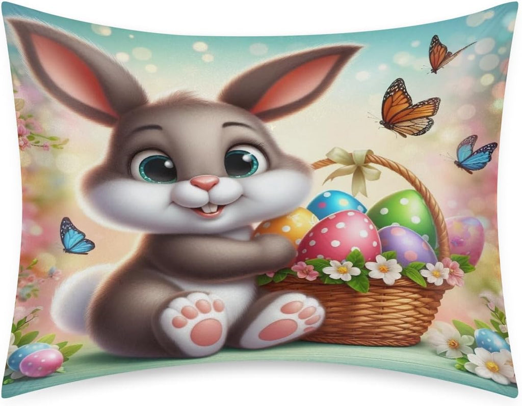 Happy Easter Bunny Satin Silk Pillowcase for Hair and Skin Pillow Cases Standard Size Soft Silk Pillow Case with Envelope Closure Print…