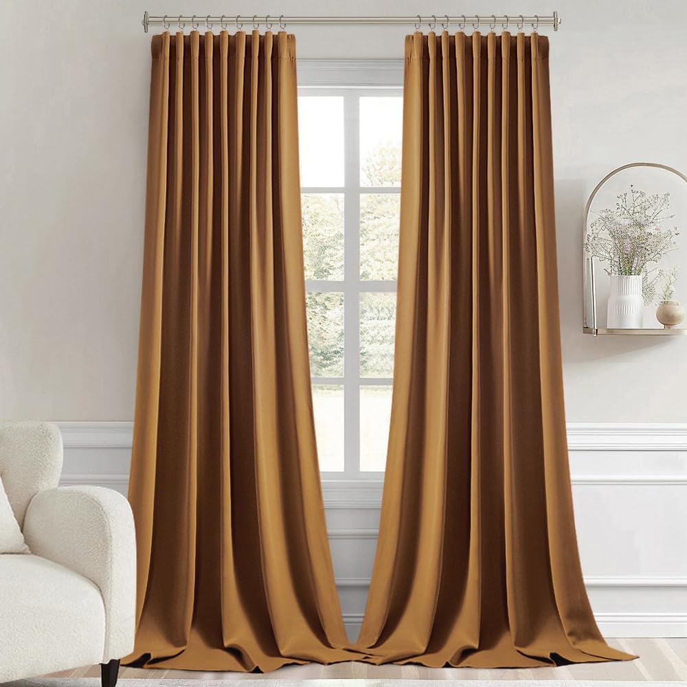 Miulee Golden Brown Back Tab Blackout Curtain 96 Inch Long 2 Panels Set for Bedroom, Rod Pocket/Pinch Pleat Thermal Insulated Living Room D…