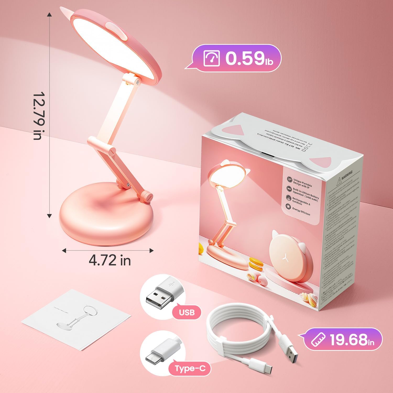 One Fire Cute Desk Lamp Pink Dorm Lamps for College Girls Foldable Portable Rechargeable Dimmable Cute Cat Lamp Kawaii Room Decor, College…