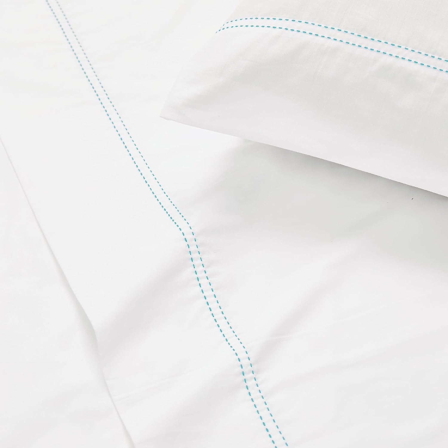 Scout 100% Cotton 200 Thread Count Percale Pick Stitch White/Seafoam 3-Piece Twin XL Sheet Set, Solid Themed, Adult Bedding, Oeko-TEX Certi…