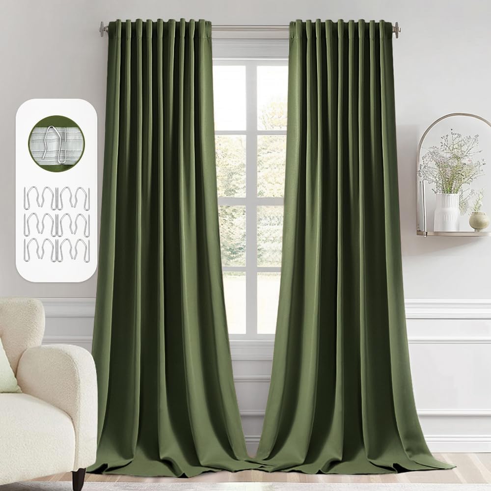 Miulee Olive Green Back Tab Blackout Curtains 120 Inch Long 2 Panels Set for Bedroom, Rod Pocket/Pinch Pleated Extra Long Thermal Insulated…