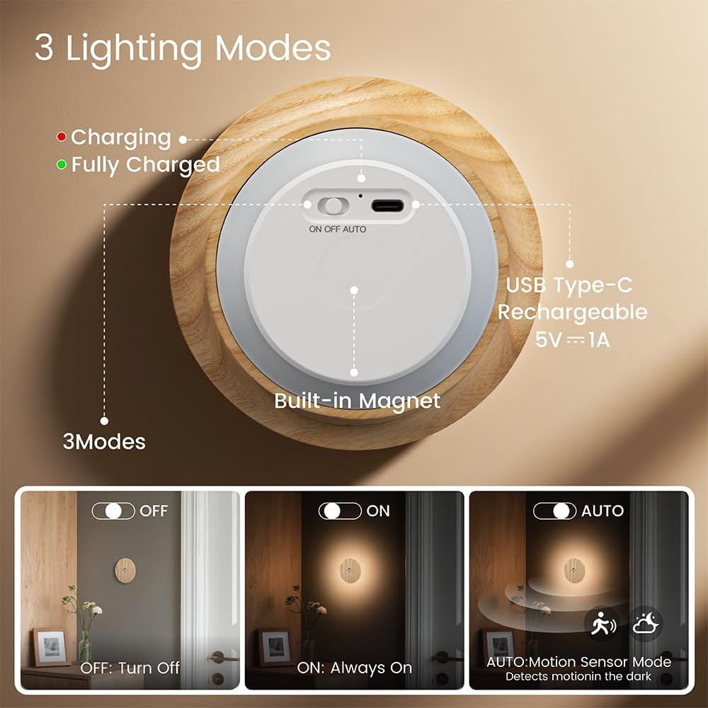Motion Sensor Night Light Wood, Rechargeable Battery-Powered Magnetic Stick-On Night Light Wall Light for Indoor Stairs, Hallway, and…