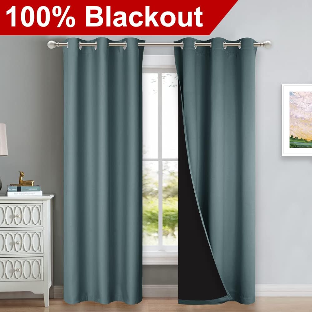 Nicetown Greyish Blue Blackout Curtains 84 inches Long, Full Light Blocking Drapes with Black Liner for Nursery, Thermal Insulated Draperie…