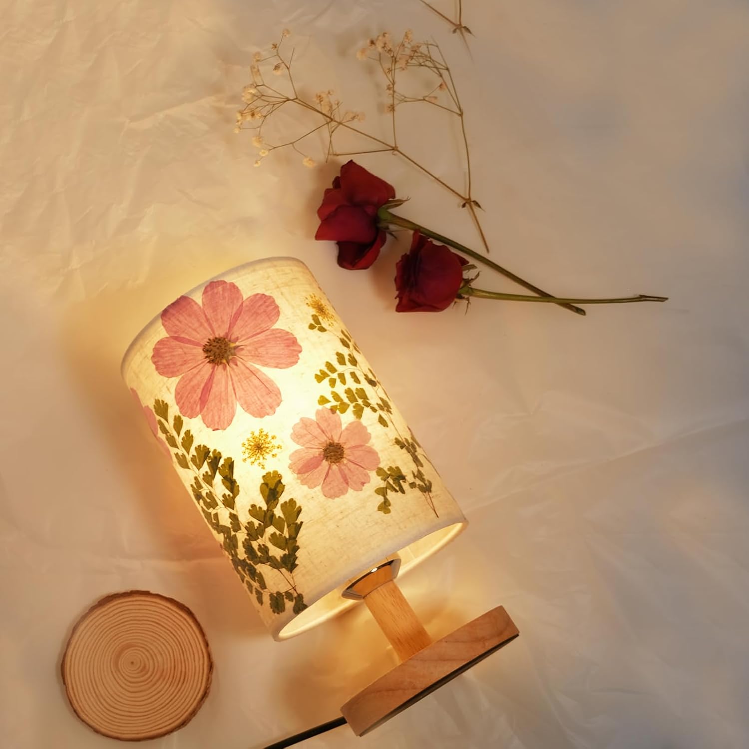 Dried Flowers Small Table Lamp 9W LED Dimmable Warm Light Pressed Flower Bedside Lamp Linen Shade with Wood Base for Bedroom Living Room…