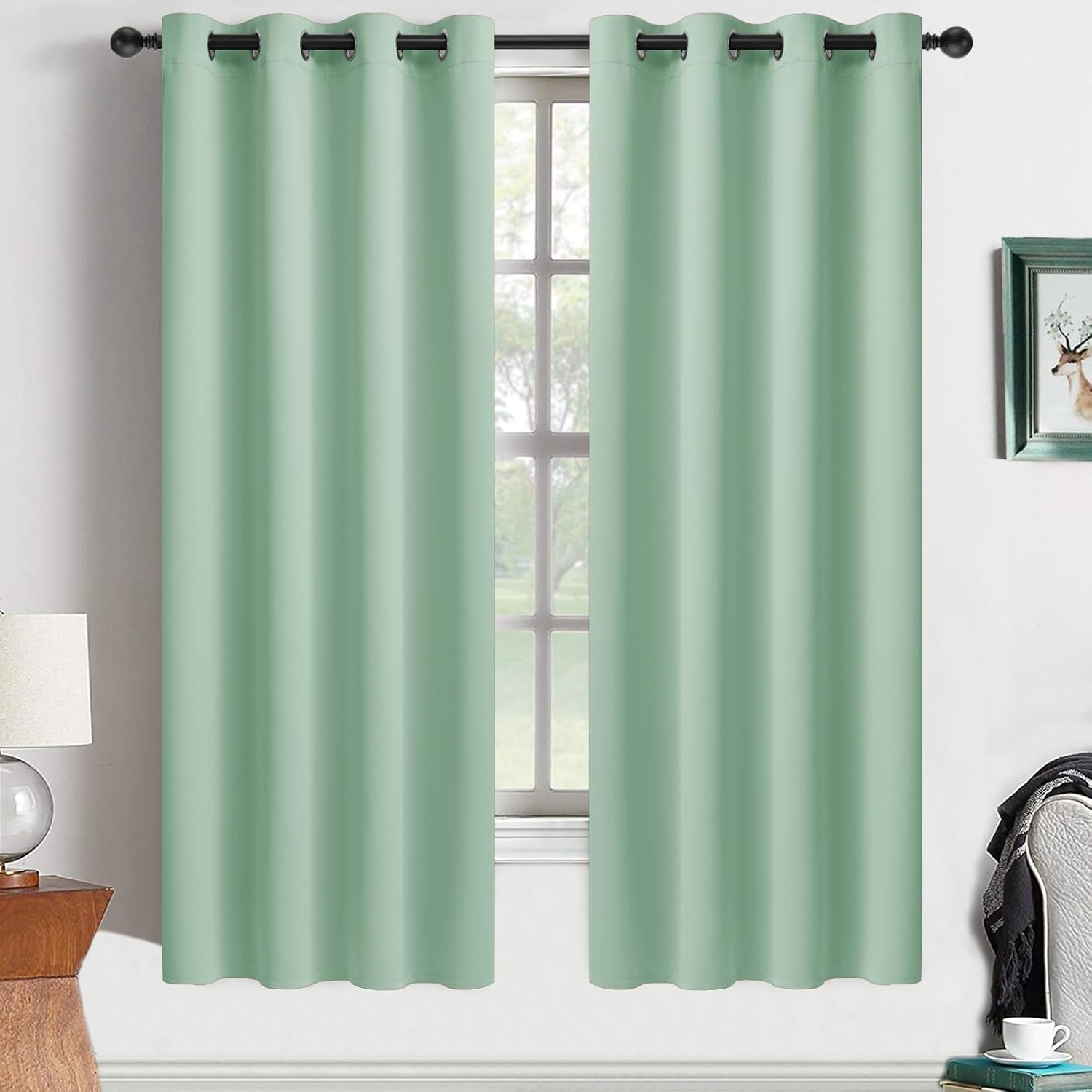 Yakamok Light Sage Green Blackout Curtains 63 Inches Length with Grommet Green Room Darkening Thermal Insulated Curtain Set of 2 Drapes…
