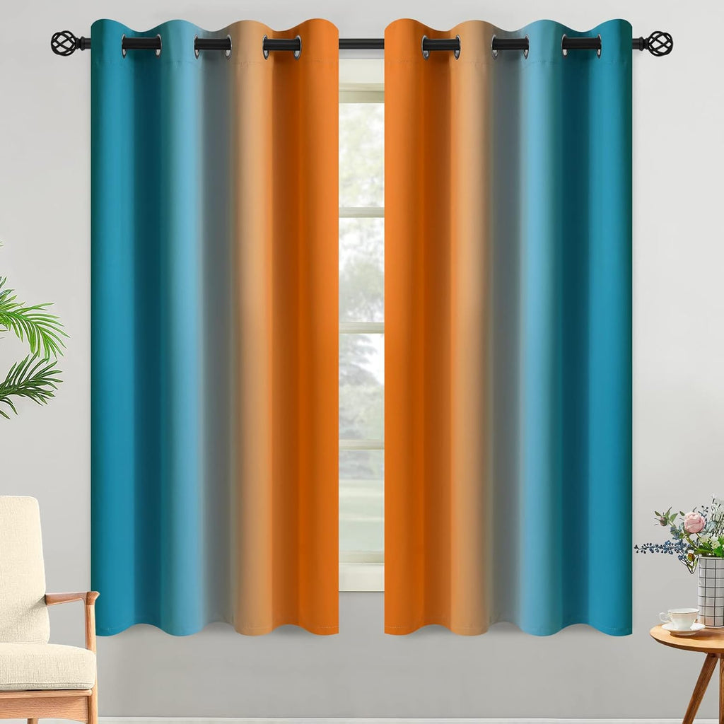 Yakamok Ombre Orange and Blue Curtains for Bedroom, Gradient Room Darkening Curtains, Grommet Thermal Insulated Light Blocking Window Drape…