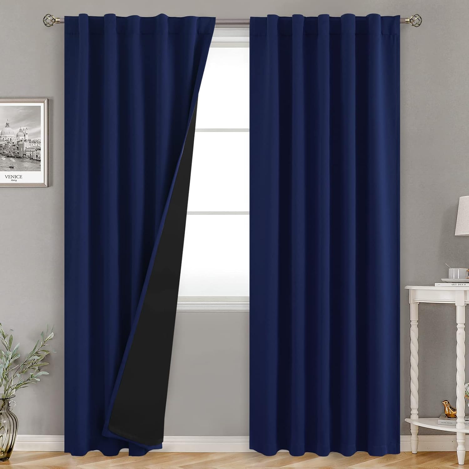 BGment Navy Blue 100% Blackout Curtains 84 Inches Long with Reducing Noise Liner, Rod Pocket and Back Tab Double Layer Full Room…