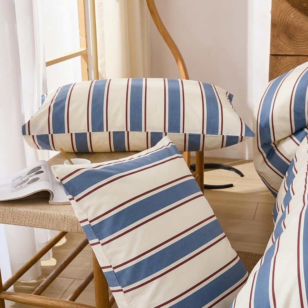 Merryword White and Blue Striped Pillowcases, 100% Cotton Pillow Cases, King Size Pillowcases, Luxury Linen Like Pillowcase, Soft Breathabl…
