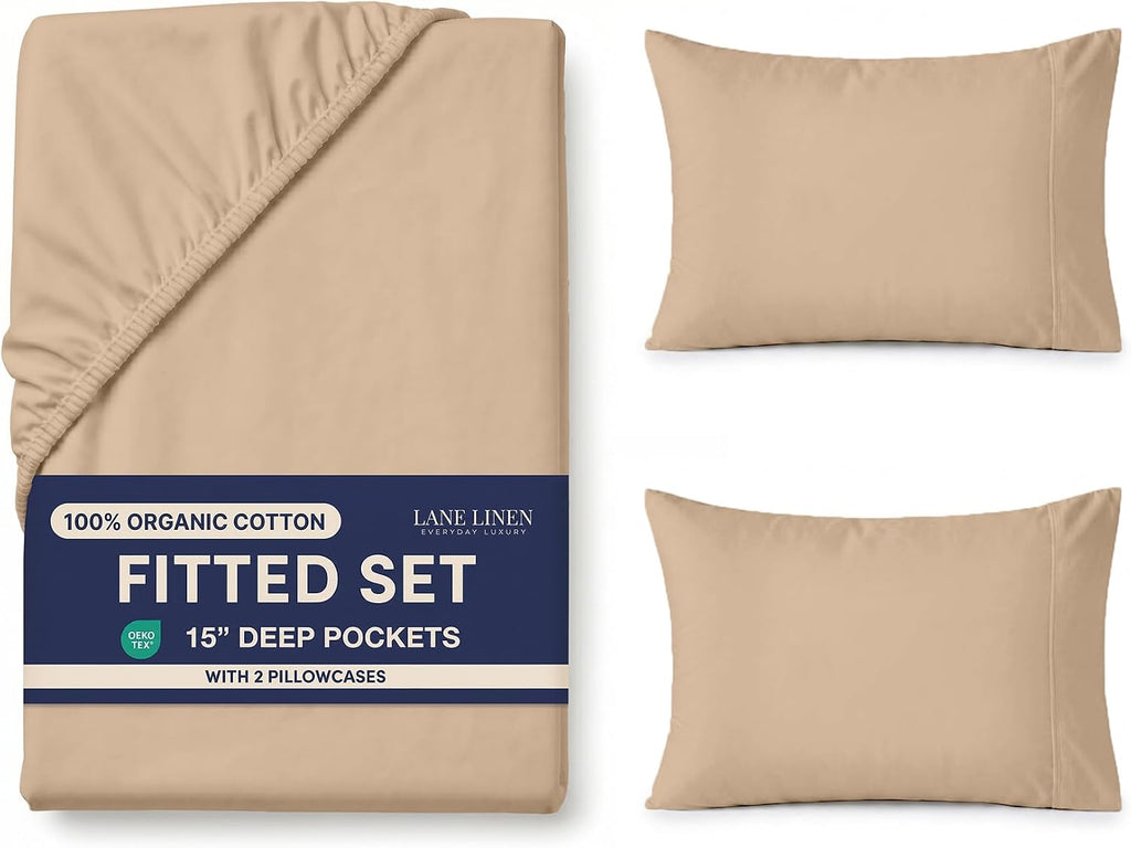 LANE LINEN Full Fitted Sheet, 100% Organic Cotton, 3-Piece Set (1 Fitted Sheet,2 Pillowcases), Percale Weave, Bed Bottom Sheet, Ultra…