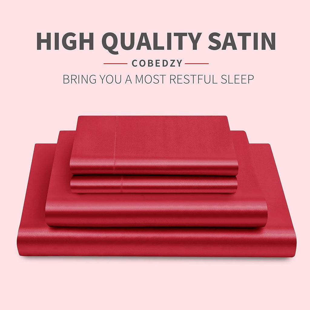 Cobedzy 3 Pcs Red Satin Sheets Twin XL Size Silky Satin Bedding Sheets Set with 1 Deep Pocket Fitted Sheet, 1 Flat Sheet, 1 Pillowcase 3 Pc…