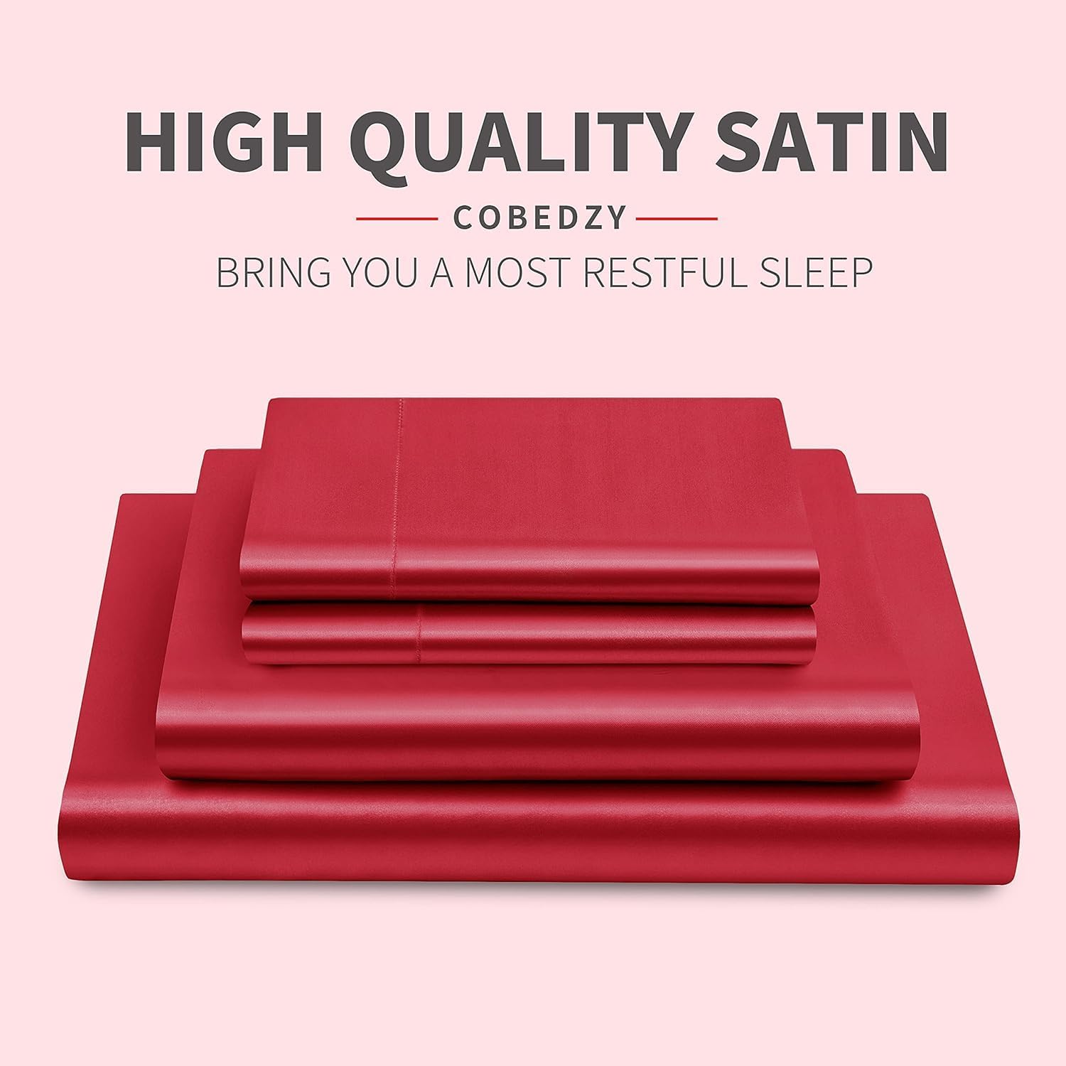 Cobedzy 3 Pcs Red Satin Sheets Twin XL Size Silky Satin Bedding Sheets Set with 1 Deep Pocket Fitted Sheet, 1 Flat Sheet, 1 Pillowcase 3 Pc…