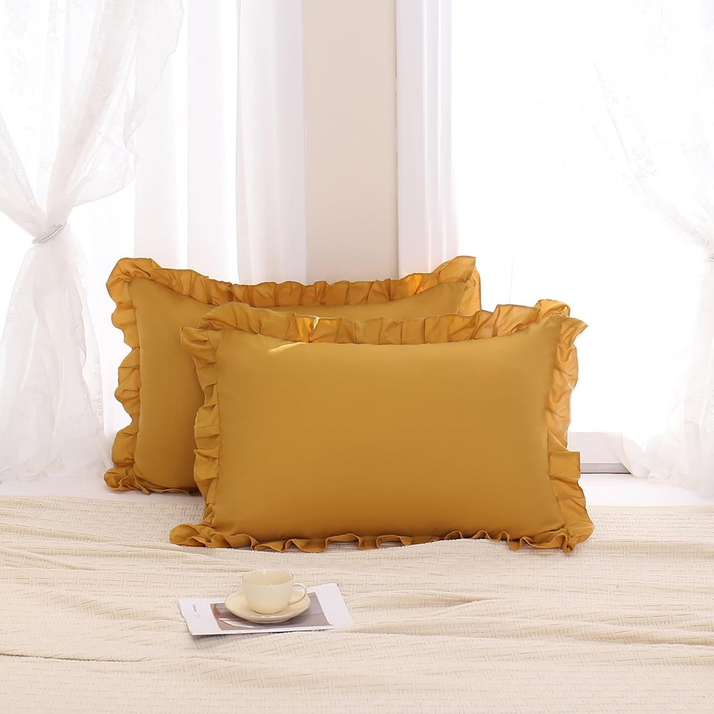 Merryword Mustard Yellow Pillowcases Standard Pillowcases 20x26inch Set of 2 Ruffle Pillow Shams Cute Pillow Covers Solid Yellow Shabby Chi…