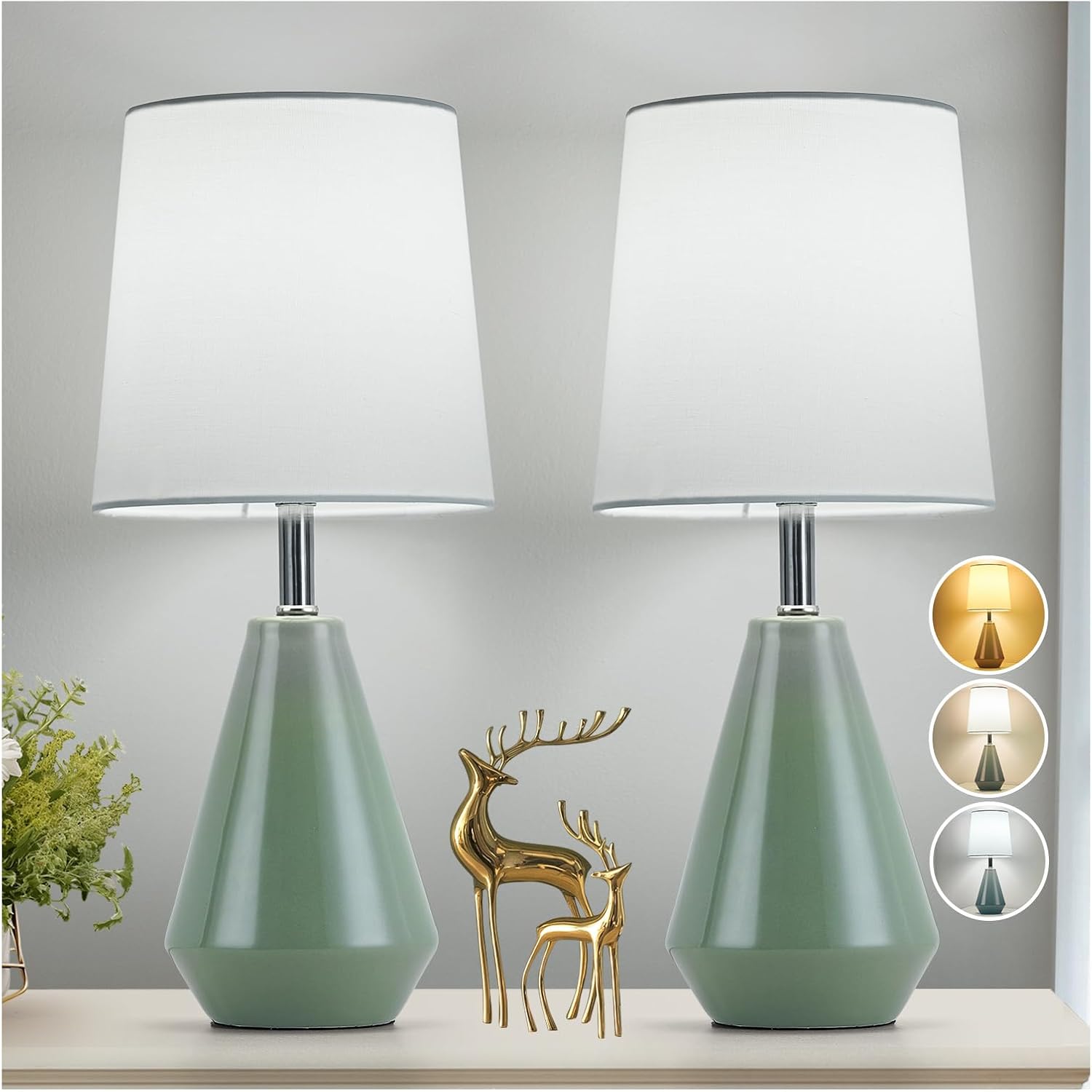 Small Bedside Table Lamp for Bedroom-Reading Desk Lamp Set of 2, with 3 Color Temperatures,15.5" Nightstand Ceramic Lamp with Fabric Shade…