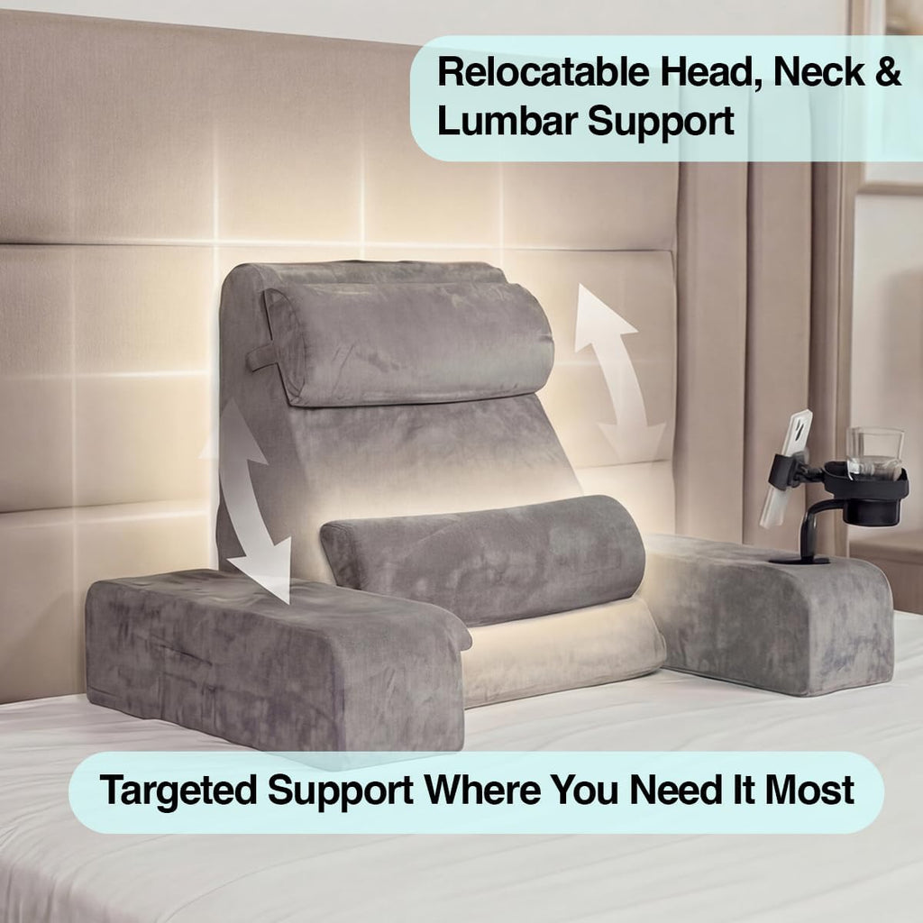 TabCouchCaddy Reading Pillow for Adults – 24” XL Memory Foam Backrest with Detachable Arms, Cup Holder, Phone Caddy & Adjustable Tray Mount…
