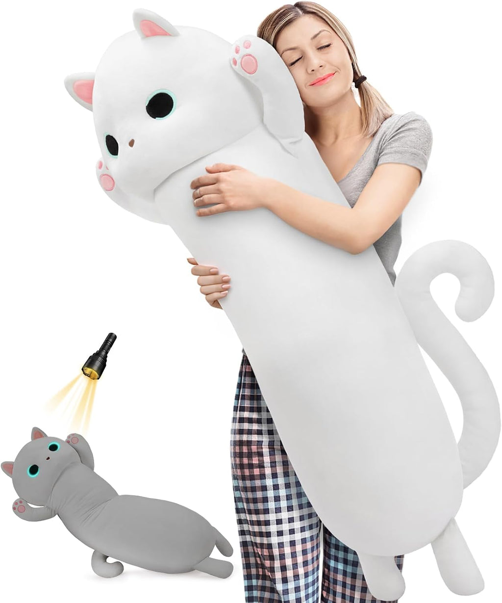 MaoGoLan Long Cat Plush Body Pillow, 44'' Giant White Glow in The Dark Cat Stuffed Animal Toy for Girl Boy Kid, Big Cute Kitty Plush…